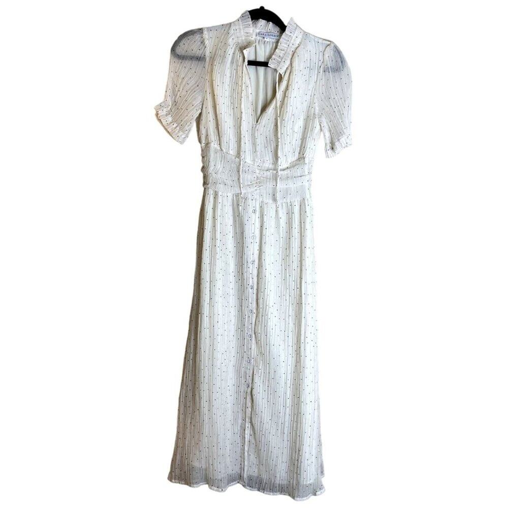 Cara Loren White Polka Dot Maxi Midi Dress Small Button Front Cottagecore